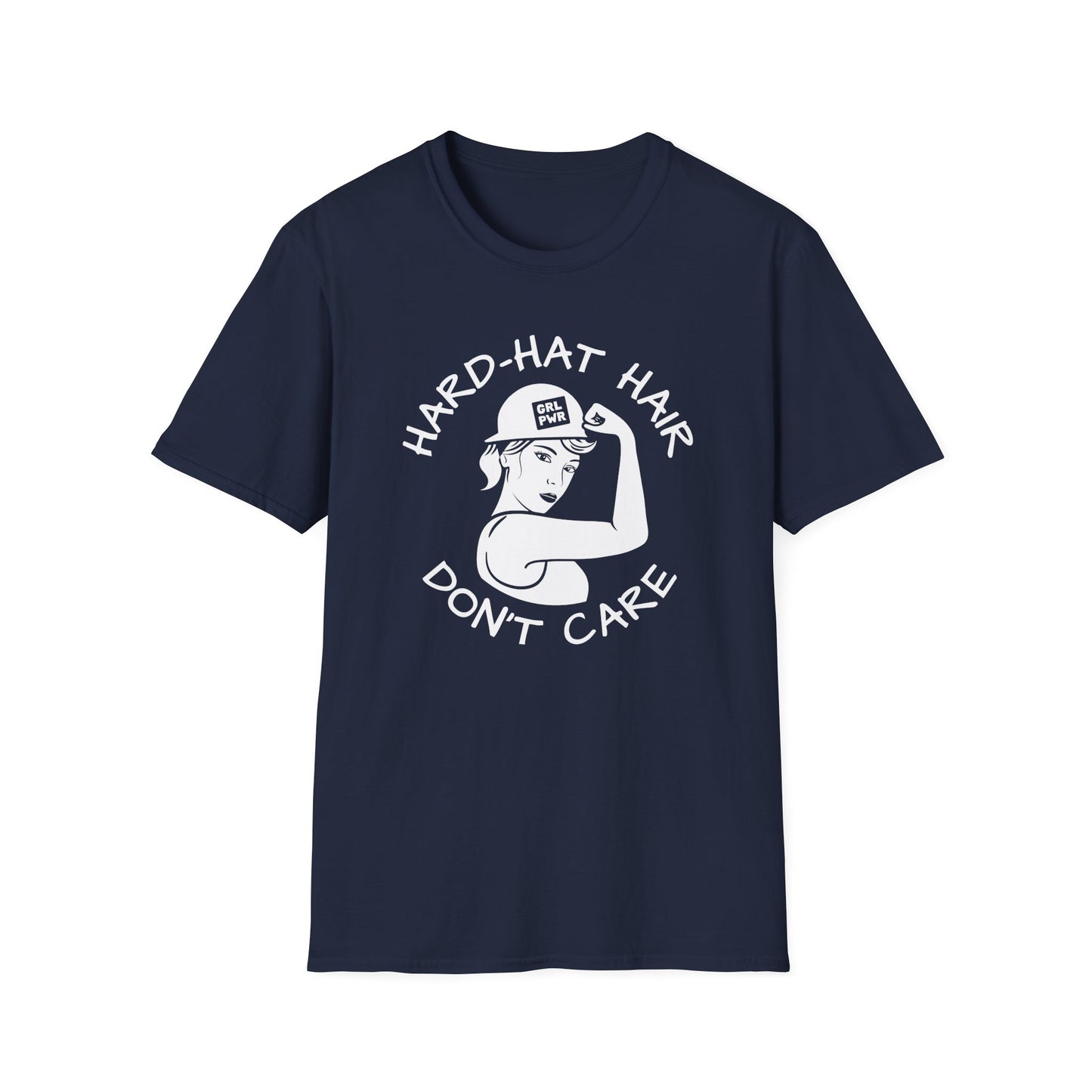 Navy blue t-shirt with 'Hard-Hat Hair Don't Care' graphic 