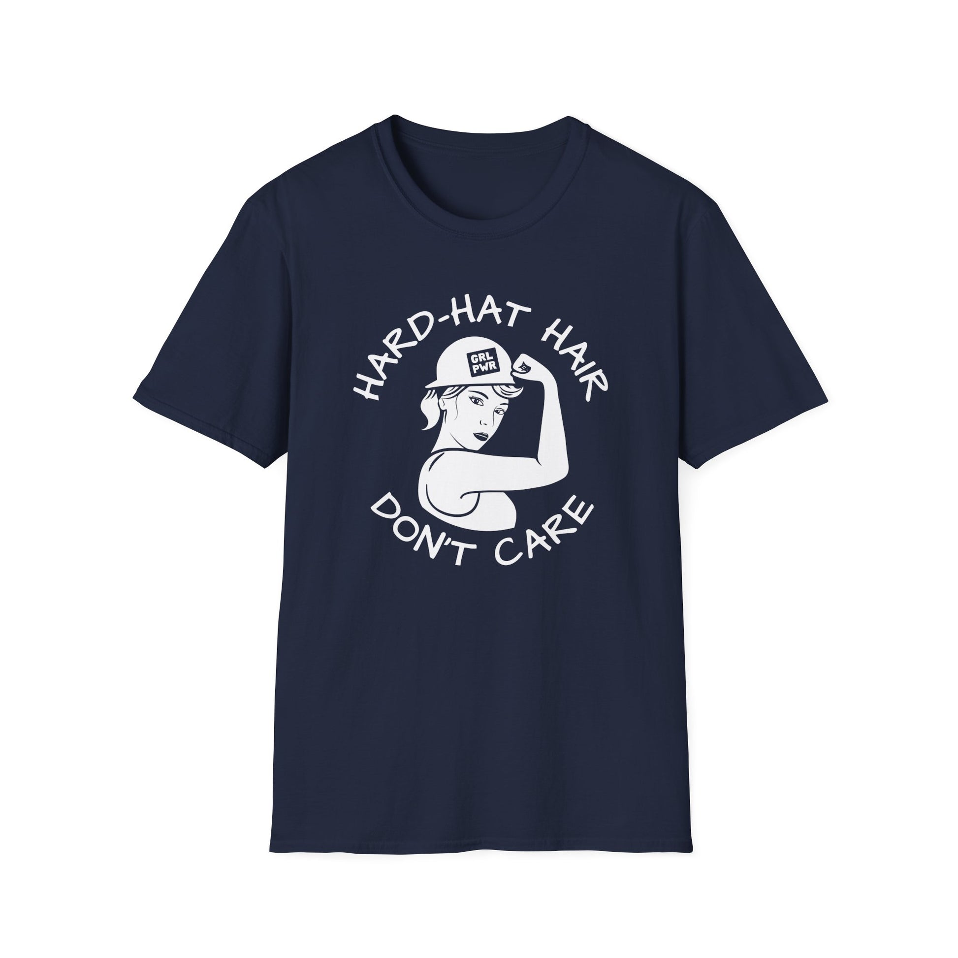 Navy blue t-shirt with 'Hard-Hat Hair Don't Care' graphic 