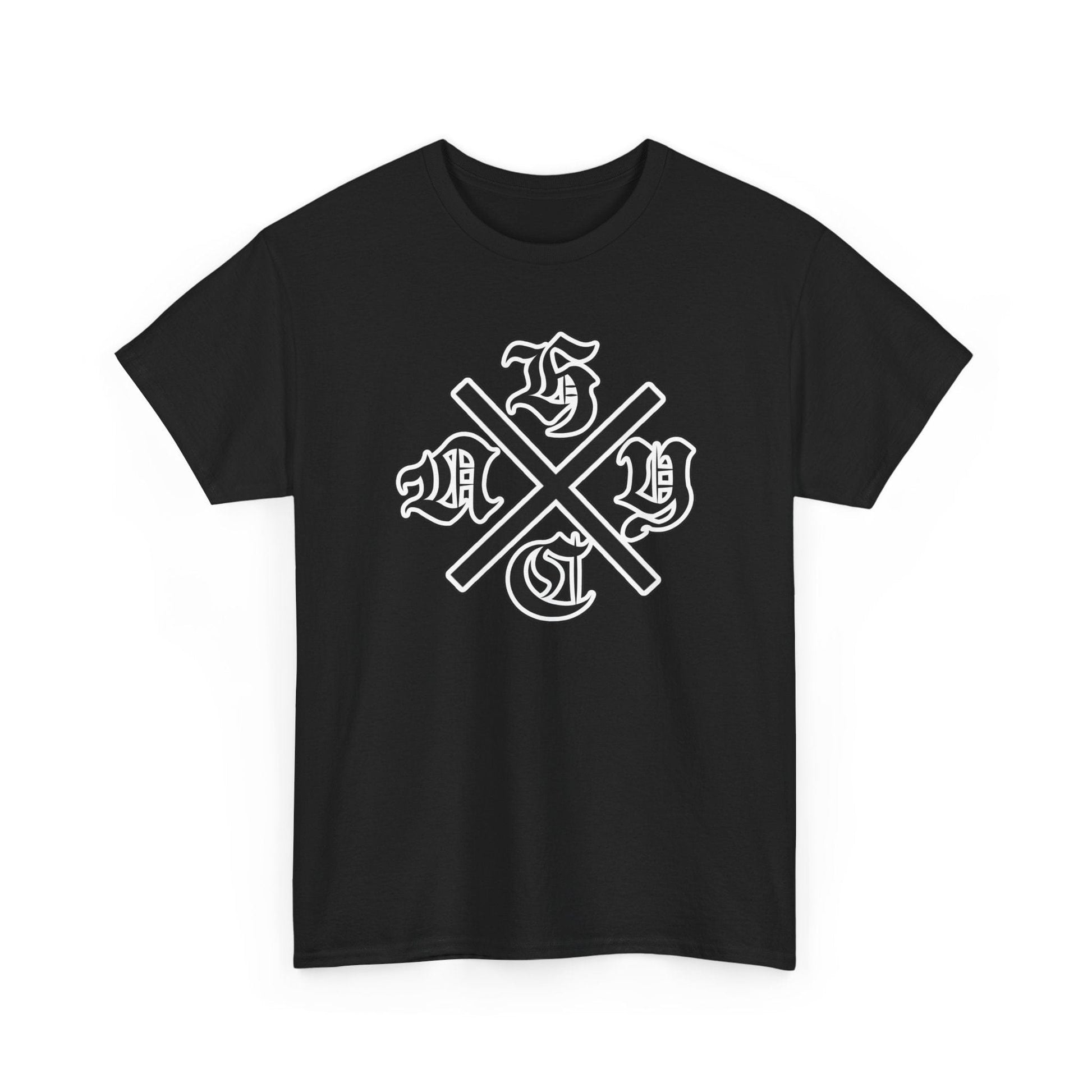 Black t-shirt with white graphic design on a white background