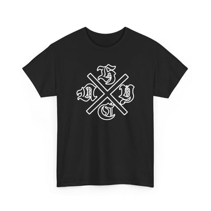 Black t-shirt with white graphic design on a white background