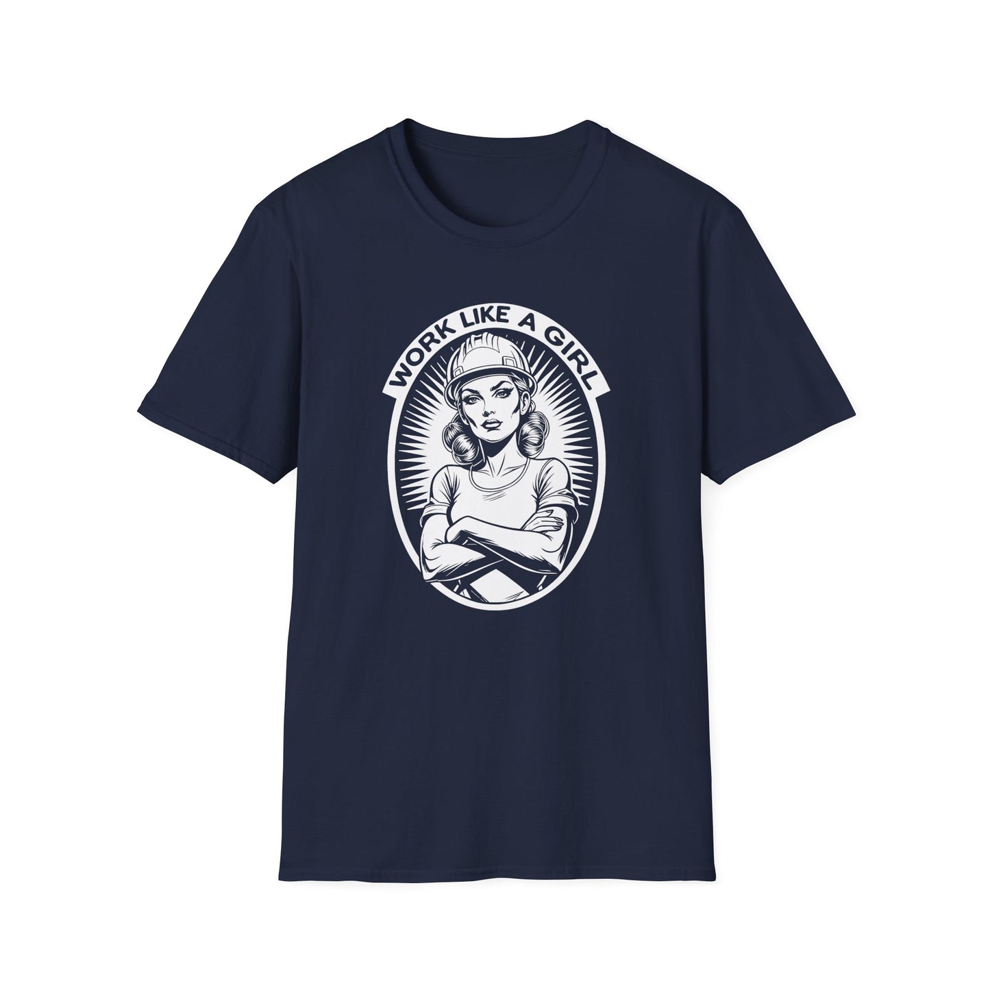 Navy blue t-shirt with graphic design and text on a white background