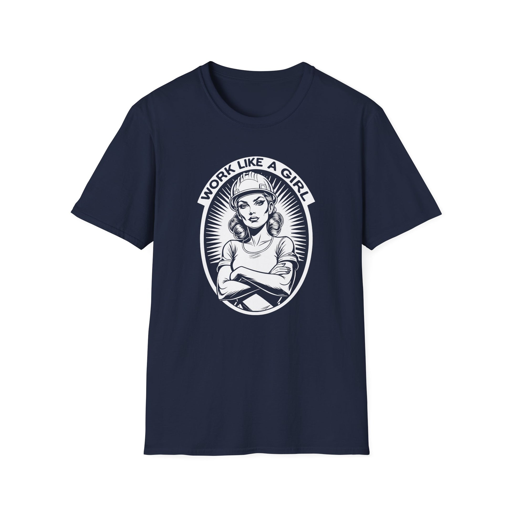 Navy blue t-shirt with graphic design and text on a white background