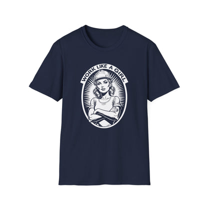 Navy blue t-shirt with graphic design and text on a white background