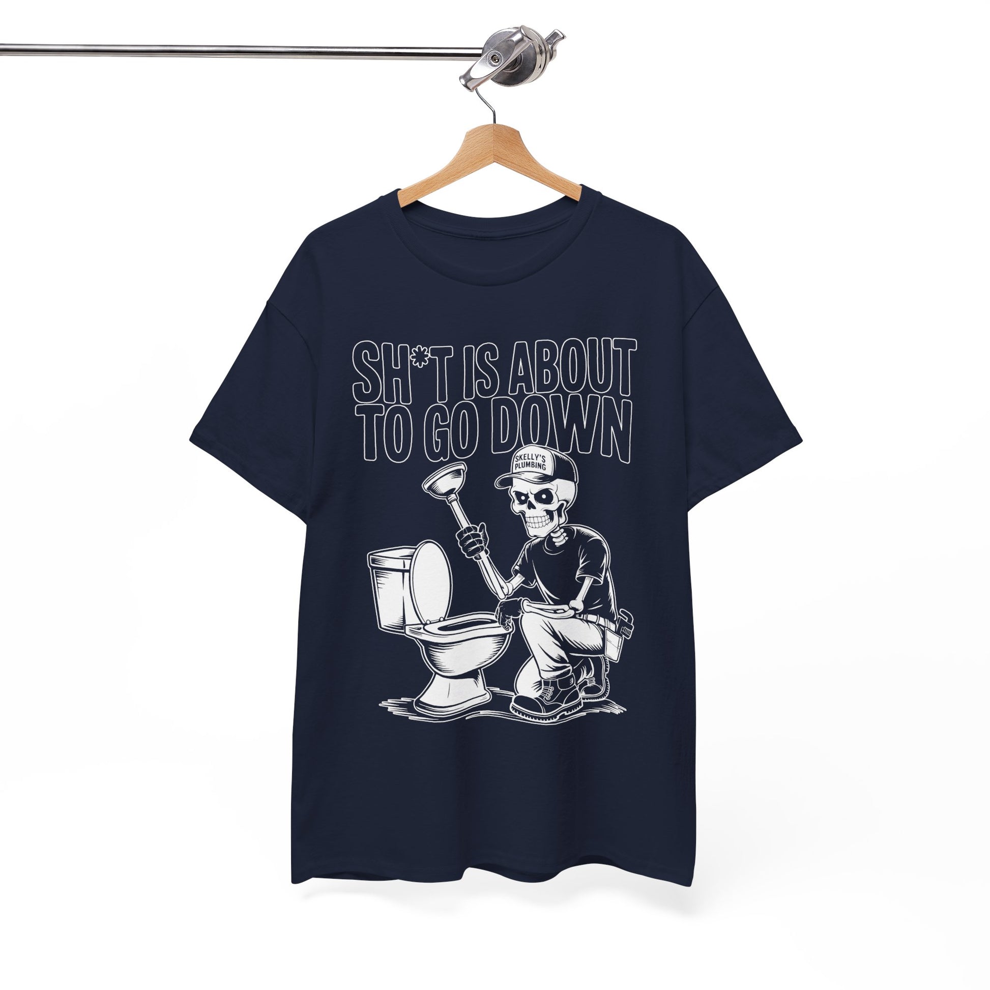 Navy blue t-shirt with skeleton plumber graphic and text on a hanger against a white background
