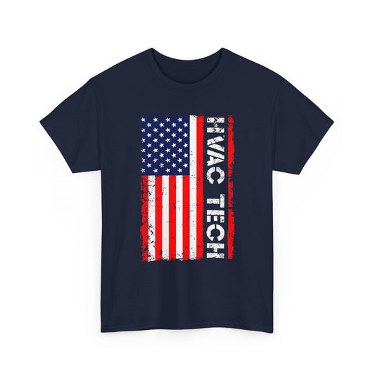 Navy blue t-shirt with American flag design and 'HVAC TECH' text on a white background