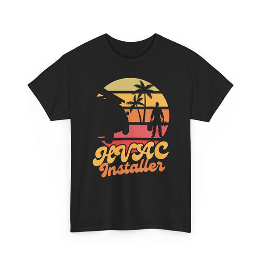 Black t-shirt with 'HVAC Installer' graphic featuring palm trees and a sunset.