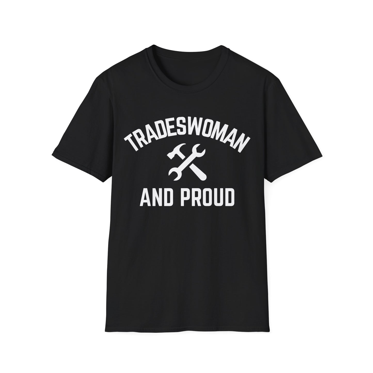 Black t-shirt with 'Tradeswoman and Proud' text and tool graphic on a white background