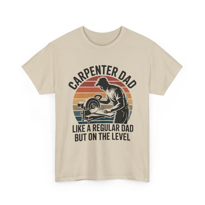 Beige t-shirt with a graphic of a carpenter Dad and text on a white background