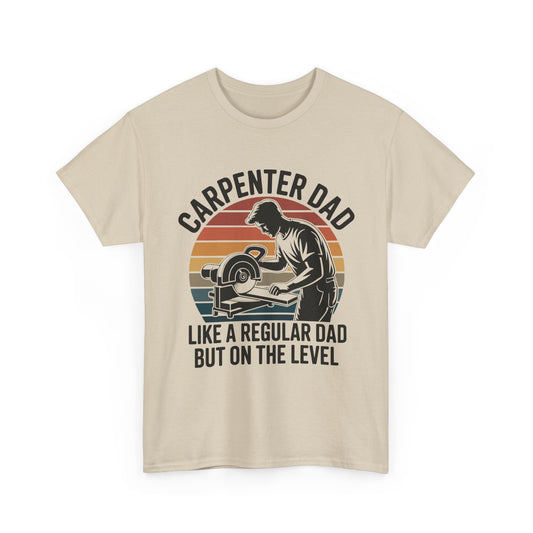 Beige t-shirt with a graphic of a carpenter Dad and text on a white background
