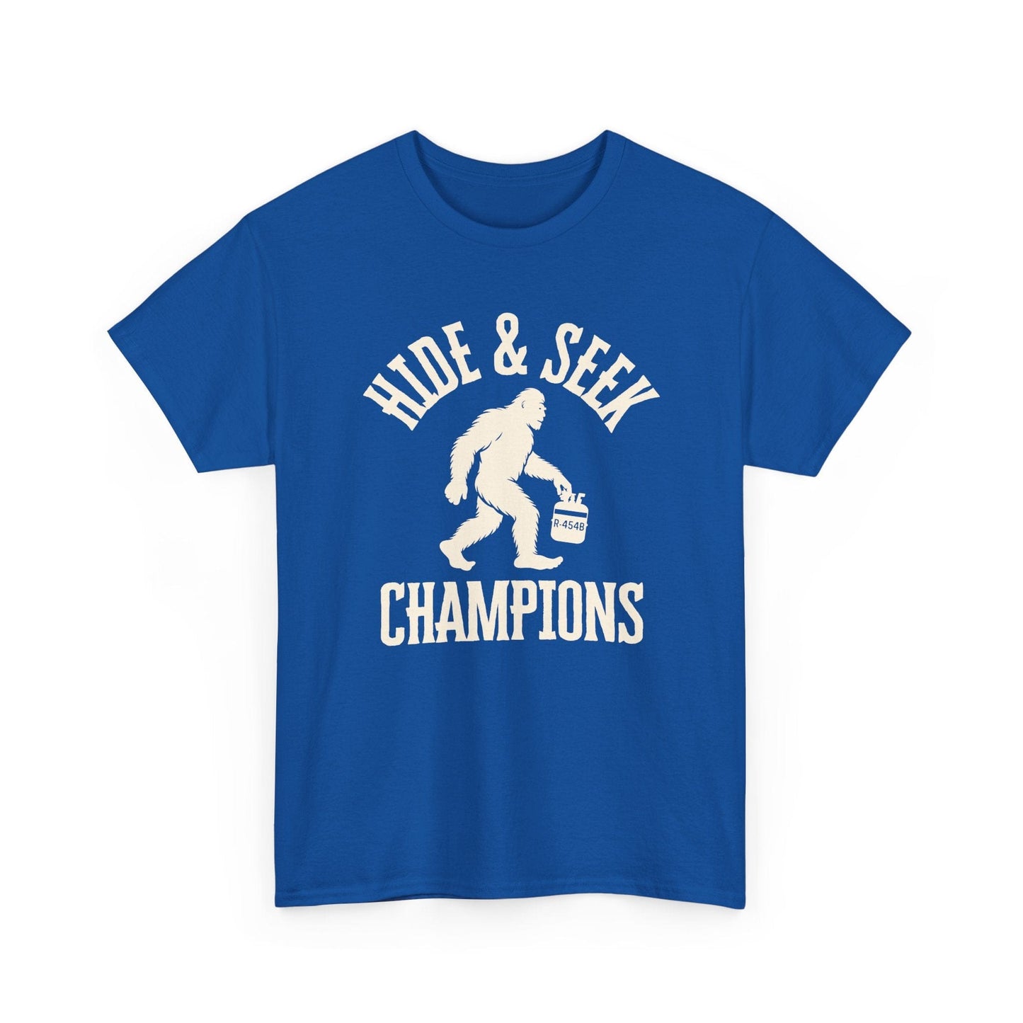 Blue t-shirt with 'Hide & Seek Champions' graphic on a white background