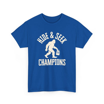 Blue t-shirt with 'Hide & Seek Champions' graphic on a white background