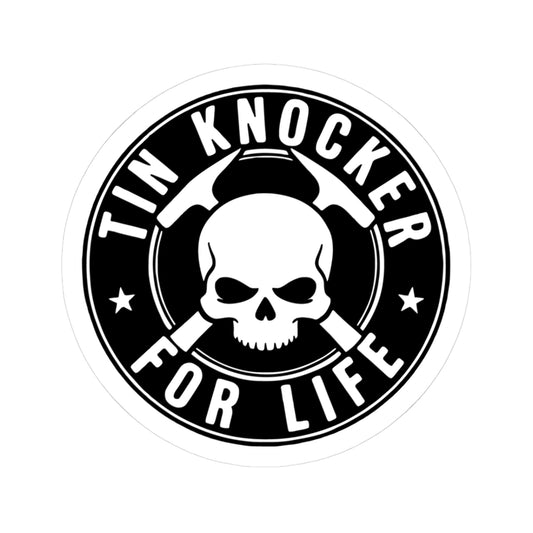 Circular logo with skull and crossed tinning hammers, text 'Tin Knocker for Life' on a white background