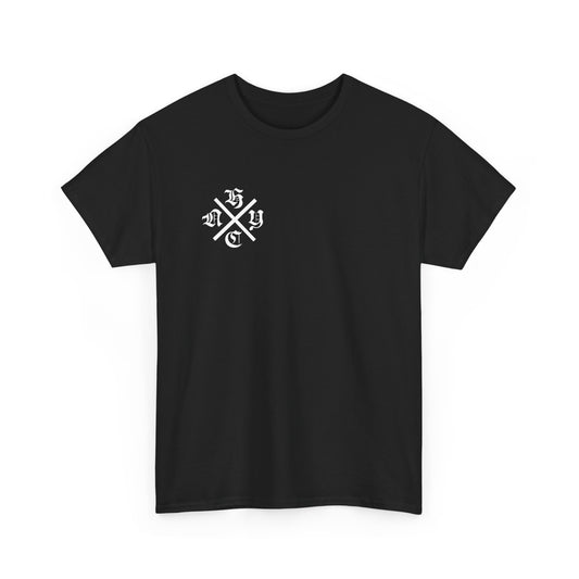 Black t-shirt with a white logo on a white background