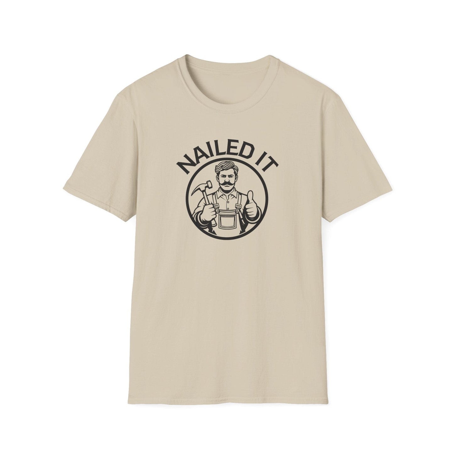 Beige t-shirt with 'NAILED IT' graphic design on a white background