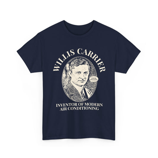 Navy blue HVAC t-shirt with a graphic of Willis Carrier and text on a white background