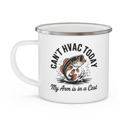 White mug with HVAC fishing-themed design and text on a white background