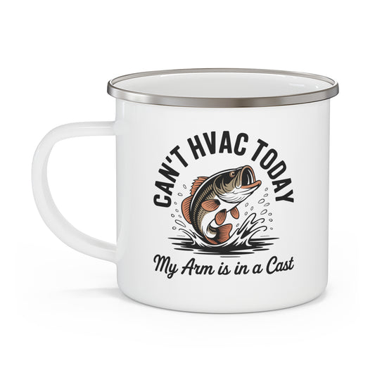 White mug with HVAC fishing-themed design and text on a white background