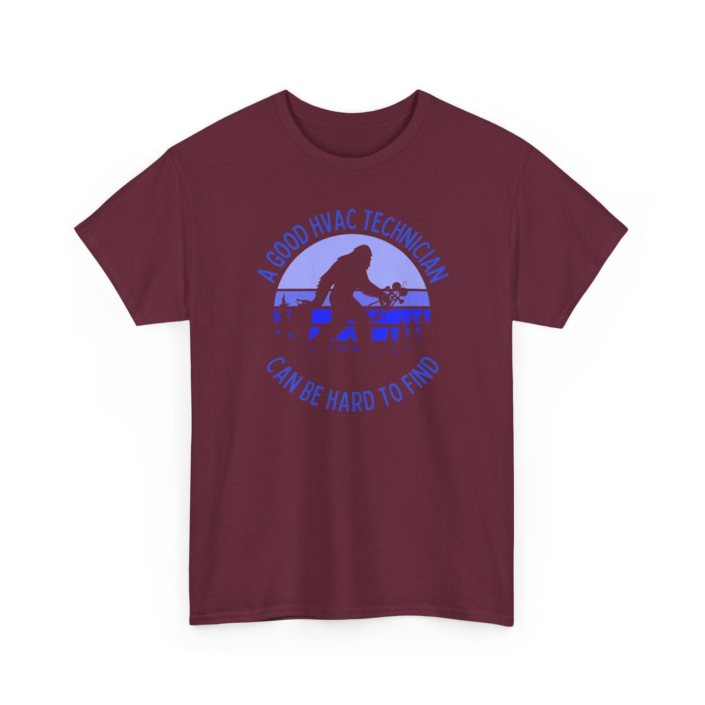 Maroon t-shirt with blue graphic and text on a white background