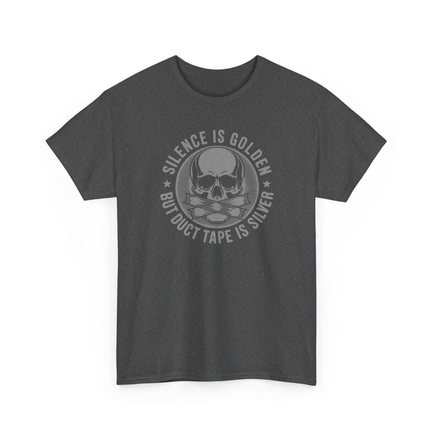 Dark gray t-shirt with skull and duct tape graphic and text on a white background
