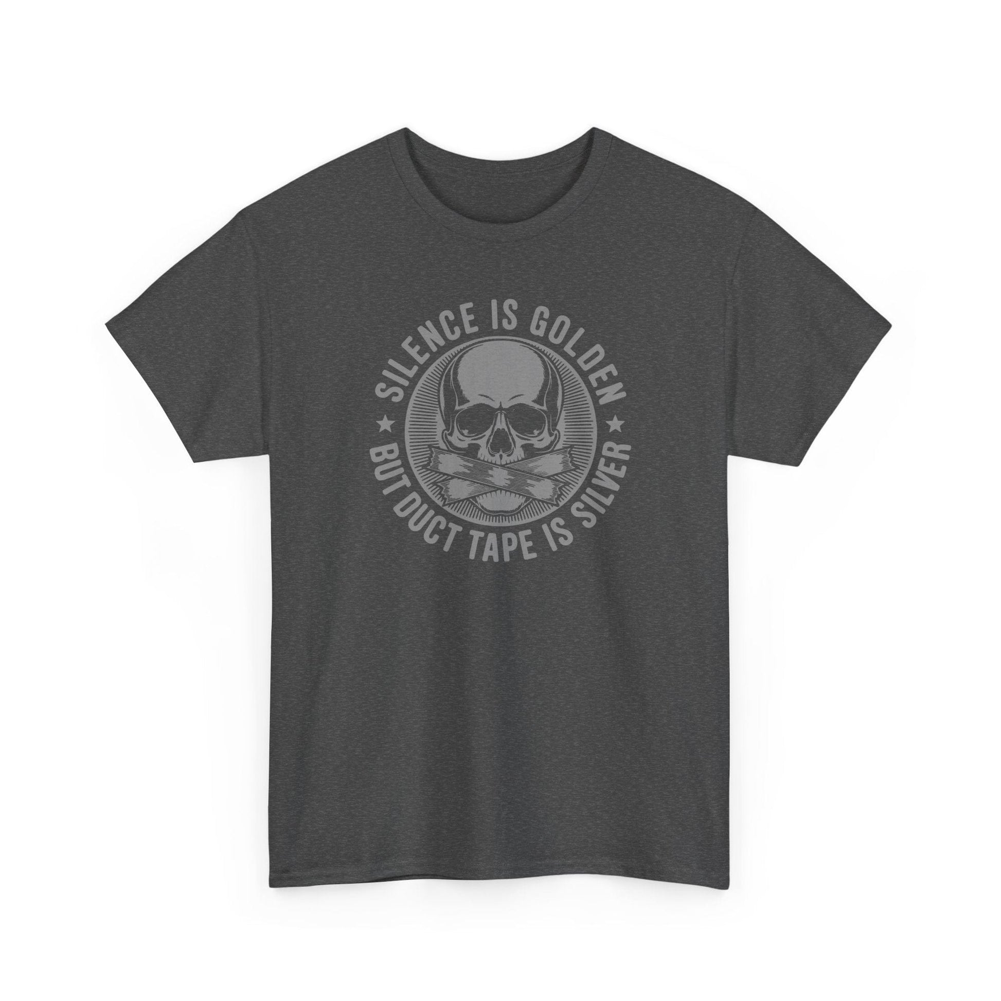 Dark gray t-shirt with skull and duct tape graphic and text on a white background
