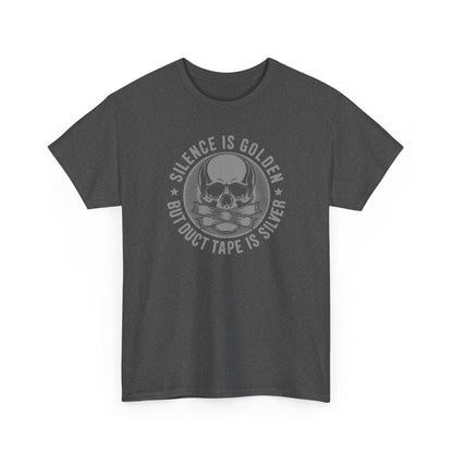Dark gray t-shirt with skull and duct tape graphic and text on a white background