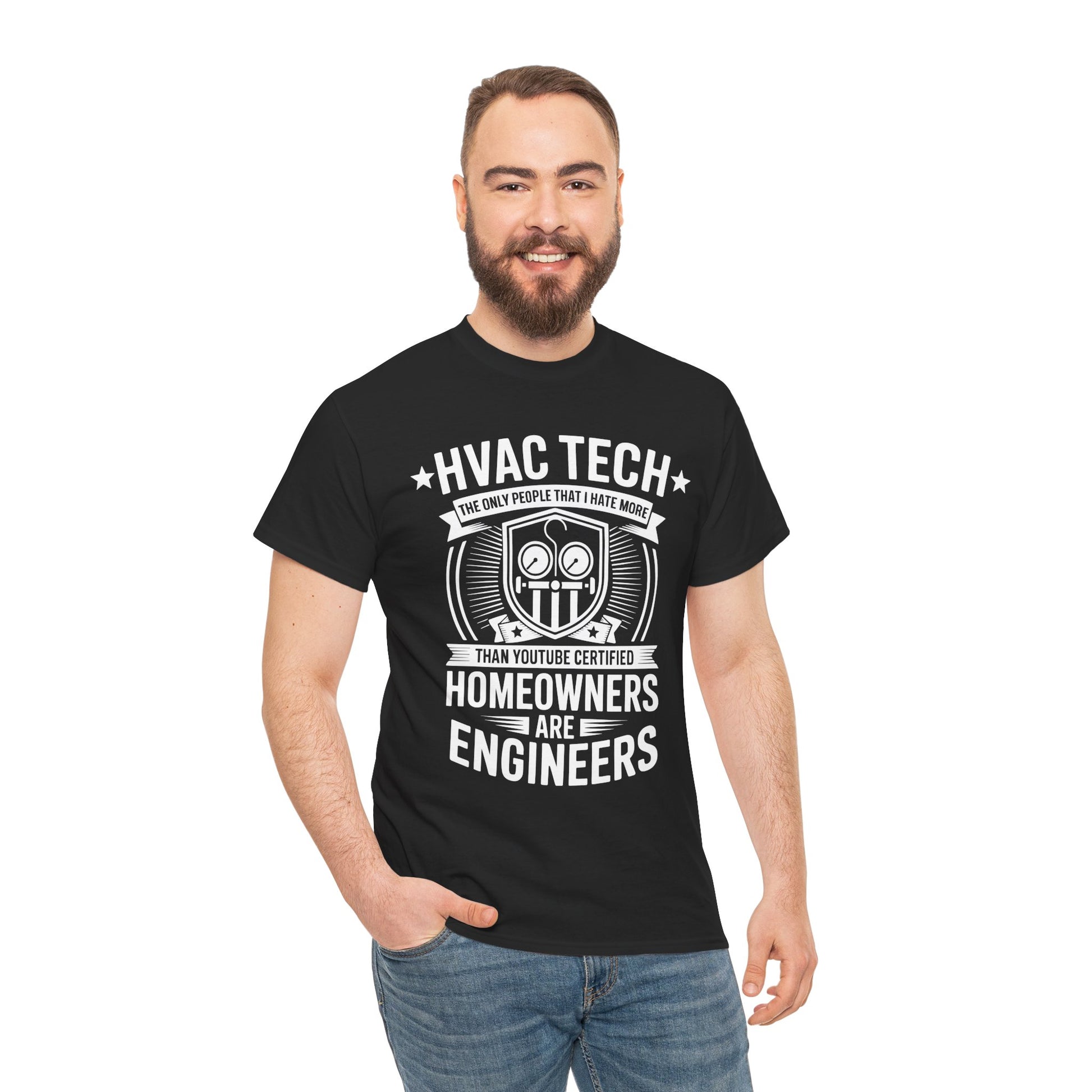 Man wearing a black t-shirt with HVAC Tech text and graphic on a white background