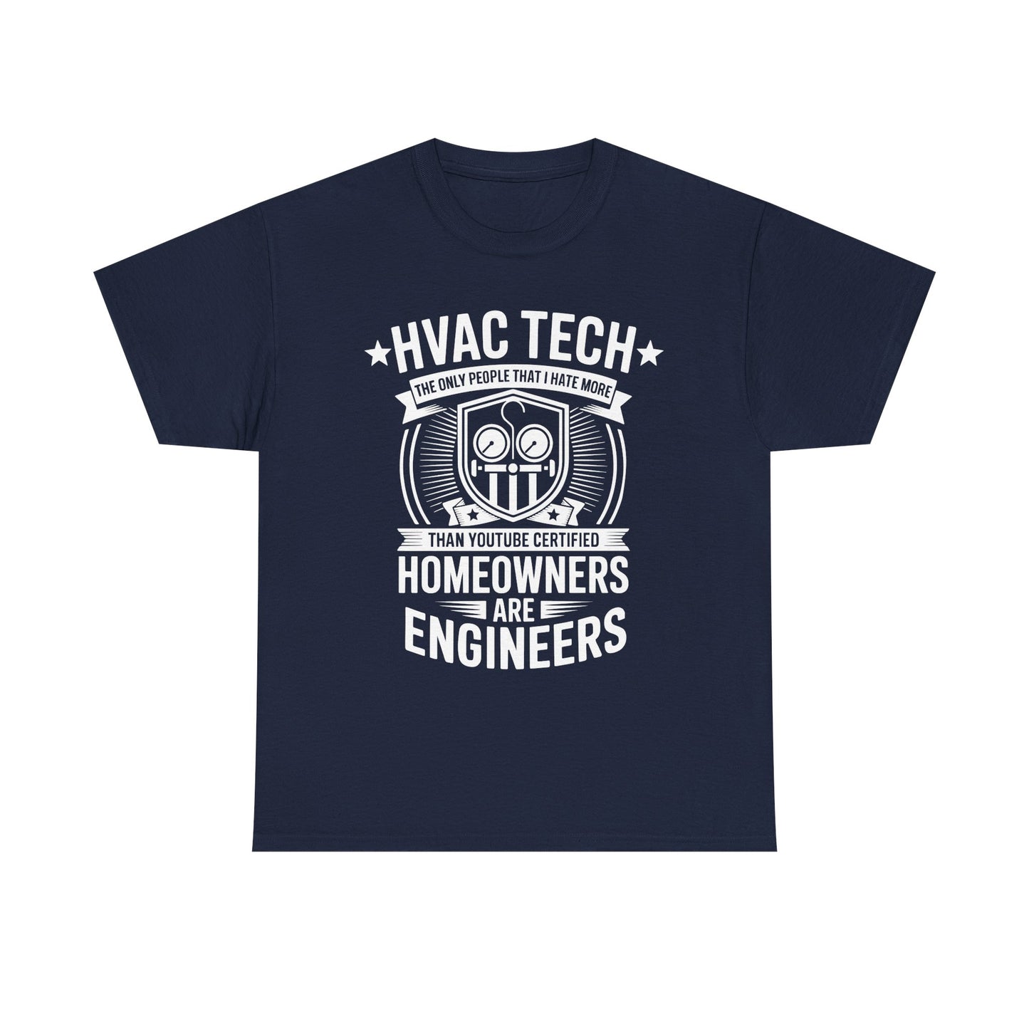 Navy blue t-shirt with white text and graphics on a white background
