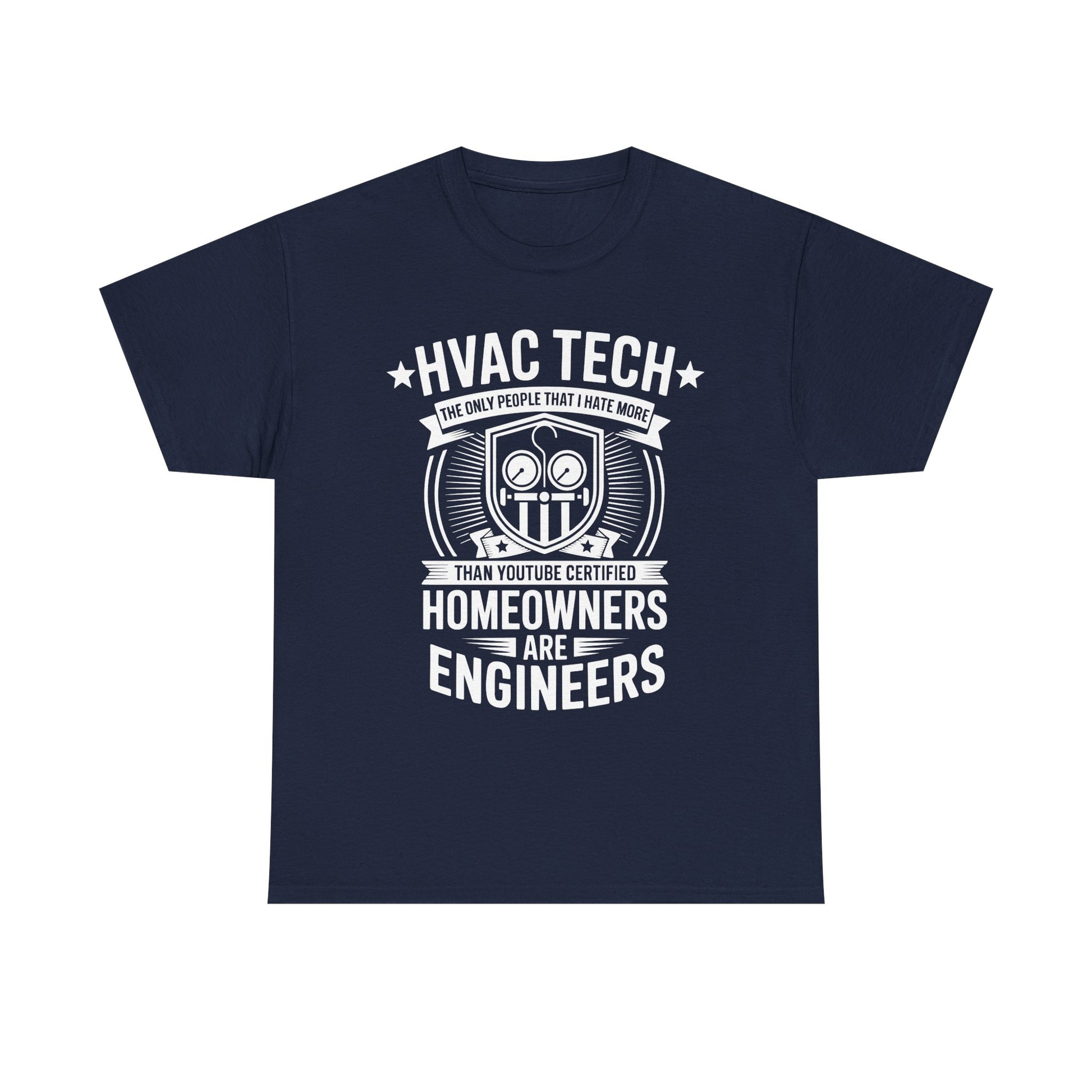 Navy blue t-shirt with white text and graphics on a white background