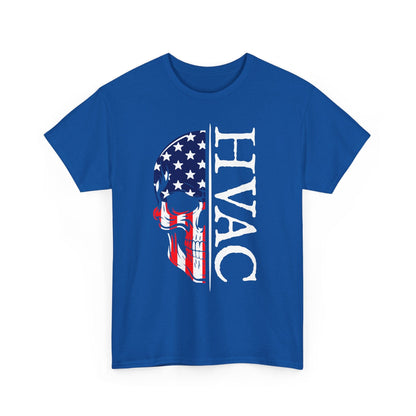 Blue t-shirt with HVAC design featuring an American flag on a white background