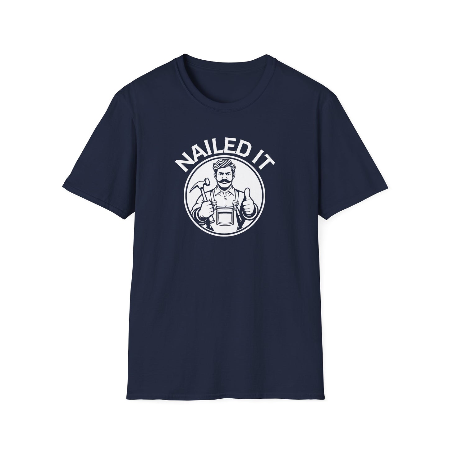 Navy blue t-shirt with 'NAILED IT' graphic on a white background