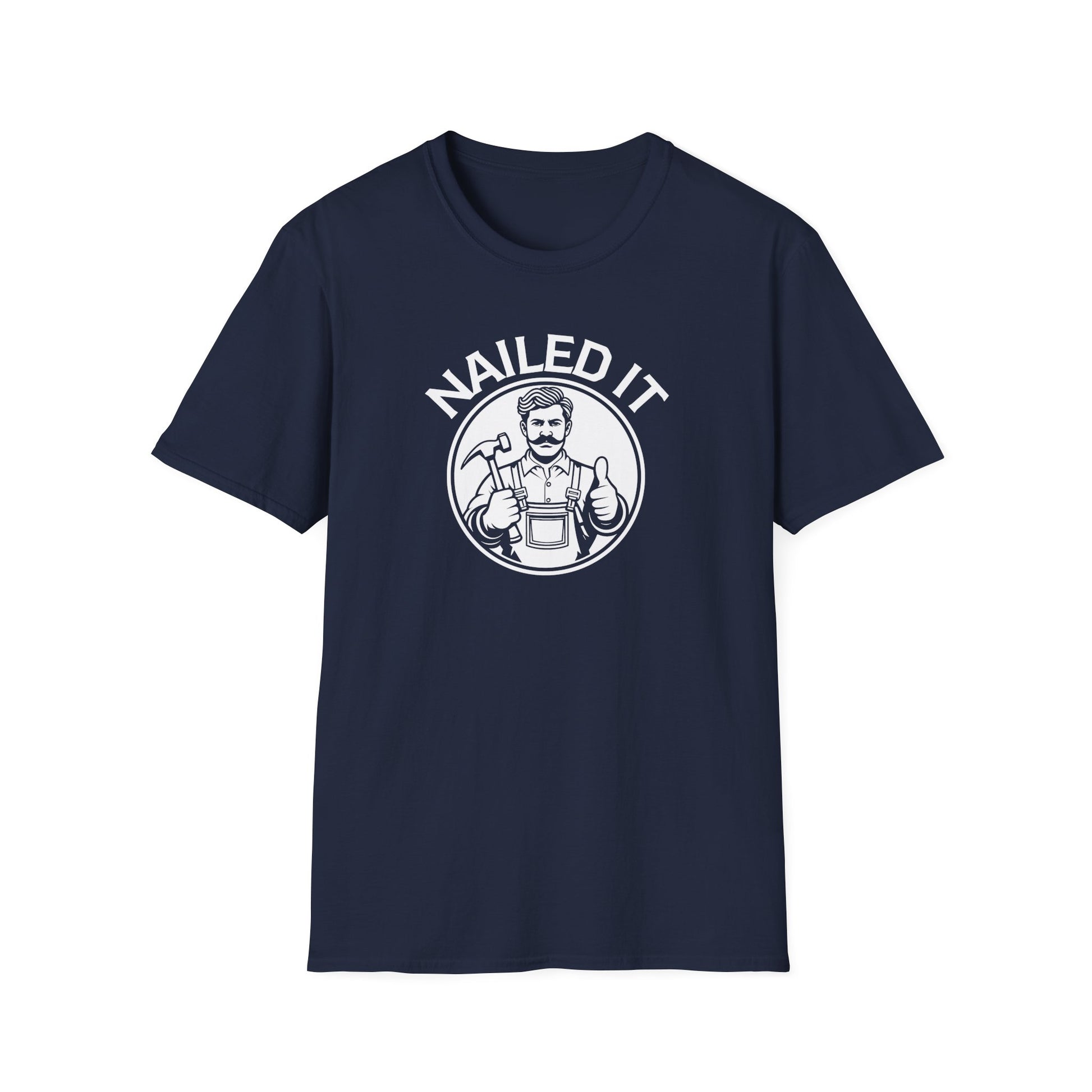 Navy blue t-shirt with 'NAILED IT' graphic on a white background