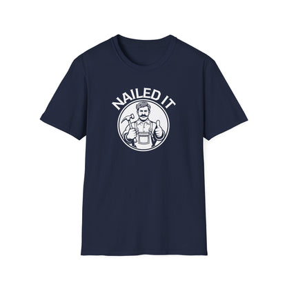 Navy blue t-shirt with 'NAILED IT' graphic on a white background