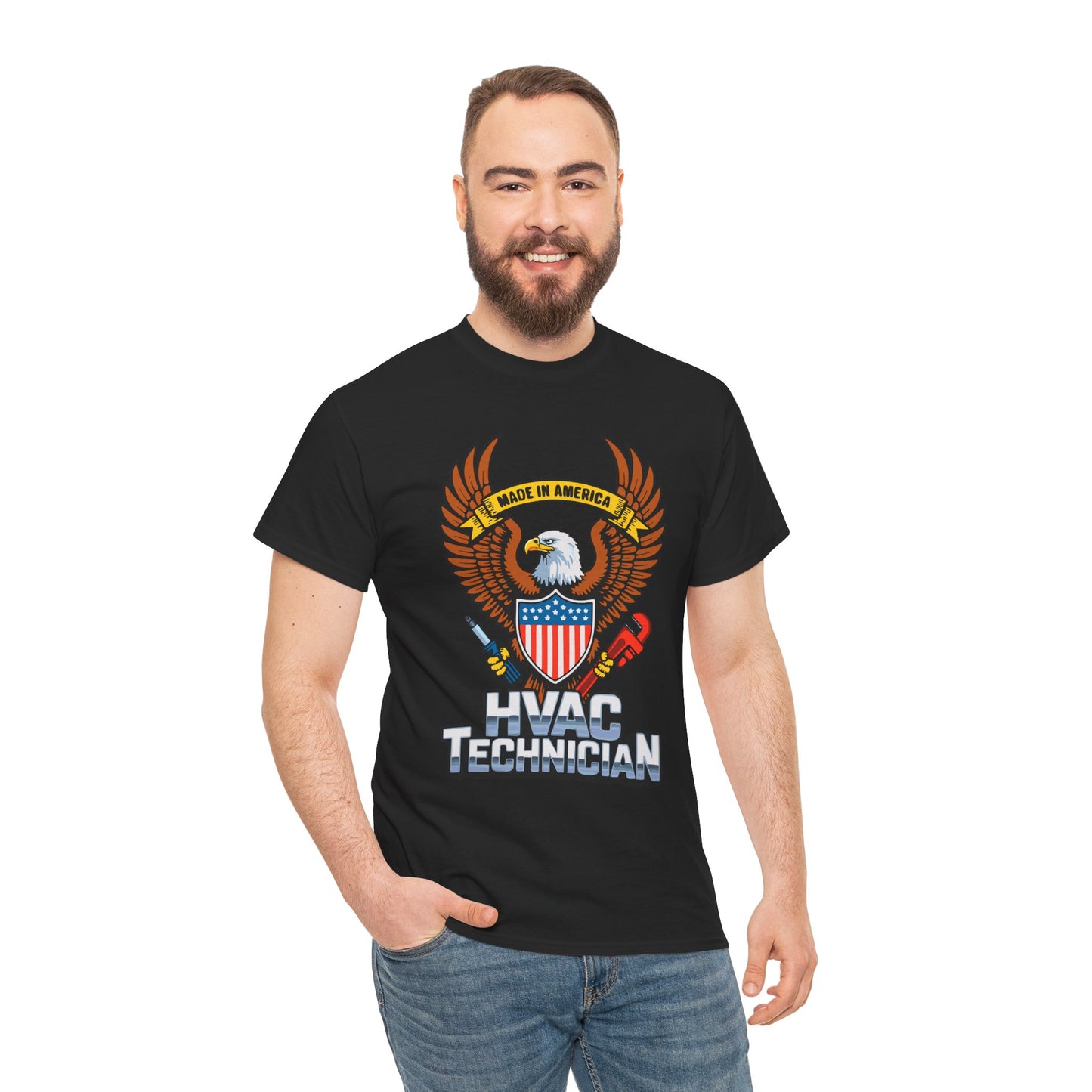 Man wearing a black t-shirt with HVAC Technician design on a white background