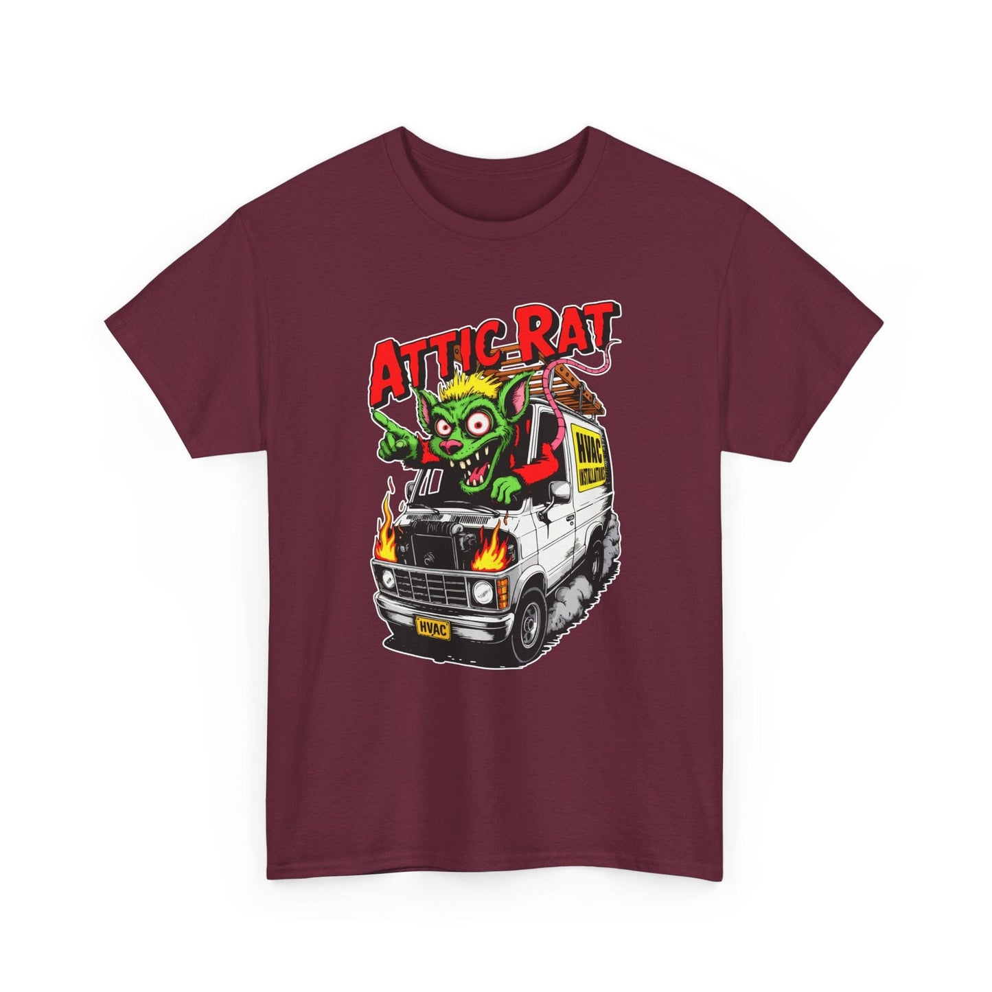 Maroon t-shirt with 'Attic Rat' graphic design featuring a monster and van on a white background