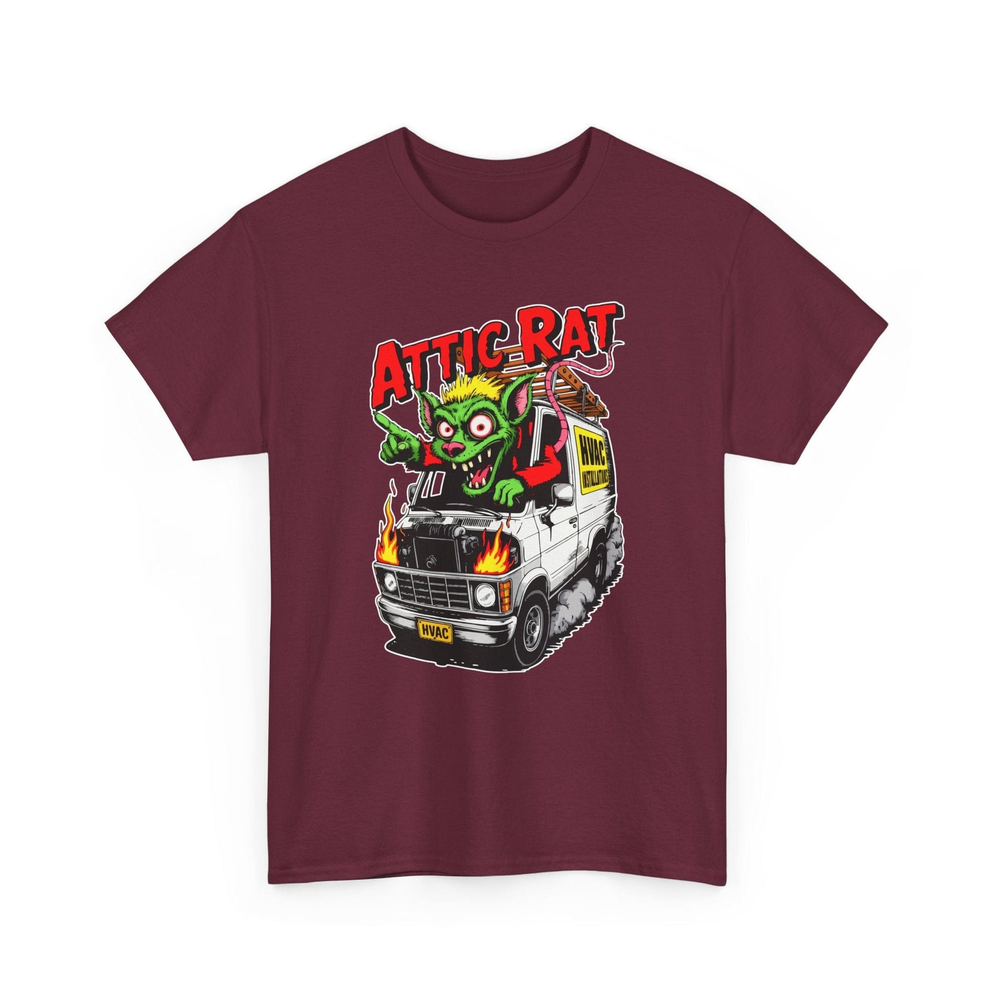 Maroon t-shirt with 'Attic Rat' graphic design featuring a monster and van on a white background