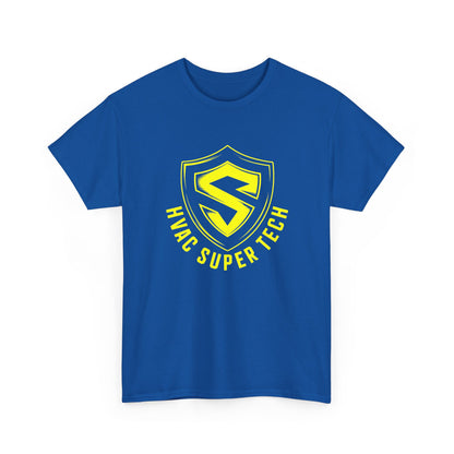Blue t-shirt with yellow HVAC Super Tech logo on a white background