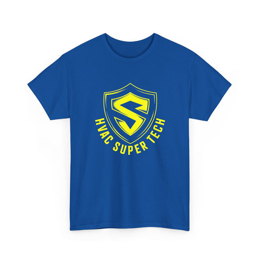Blue t-shirt with yellow HVAC Super Tech logo on a white background