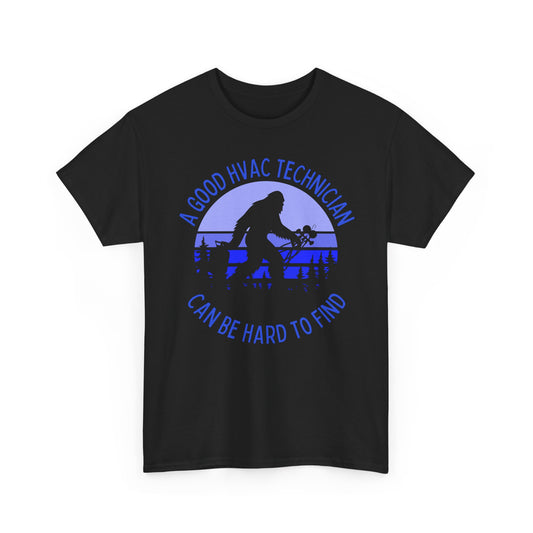 Black t-shirt with blue HVAC technician Bigfoot graphic and text on a white background