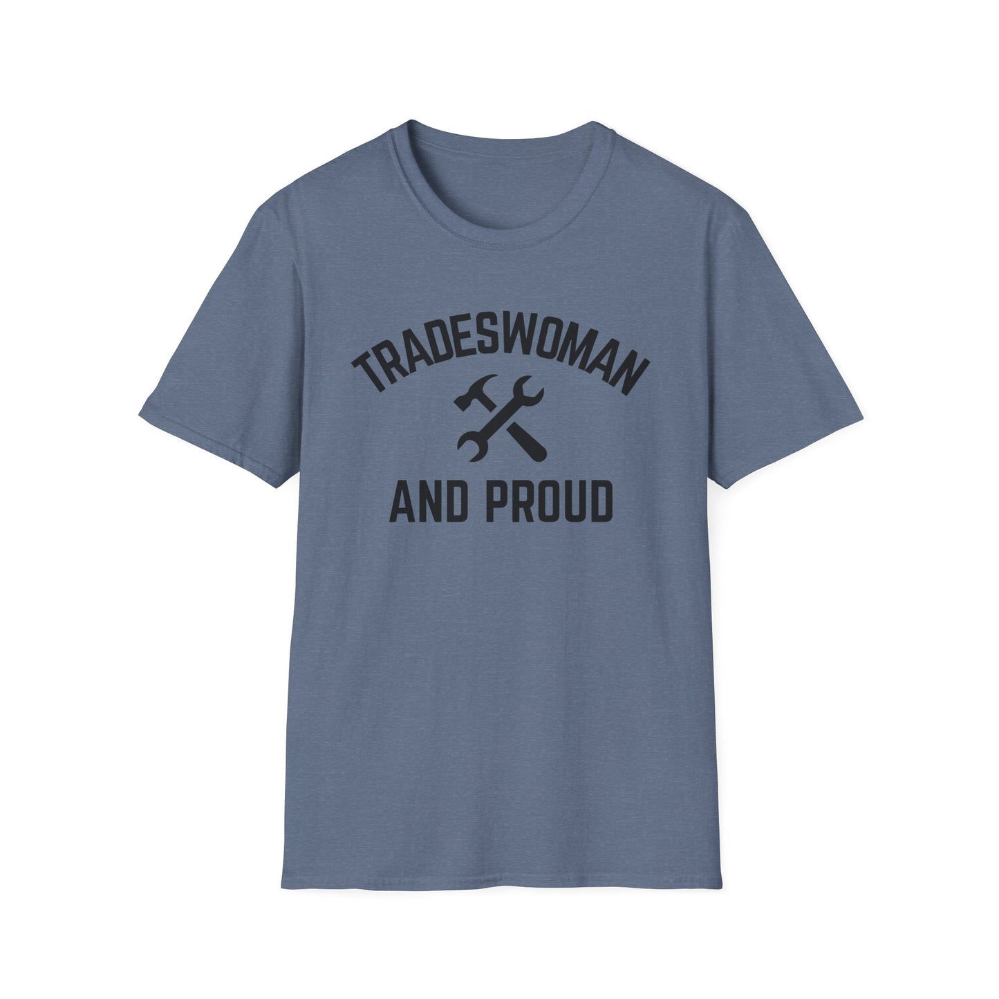 Blue t-shirt with 'Tradeswoman and Proud' text and graphic on a white background