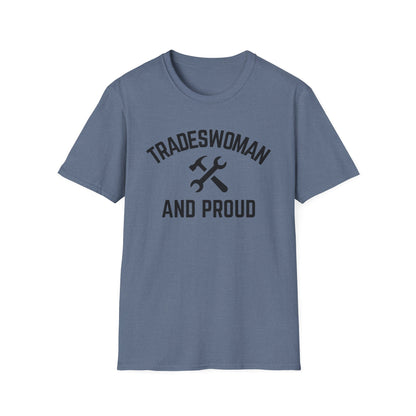 Blue t-shirt with 'Tradeswoman and Proud' text and graphic on a white background