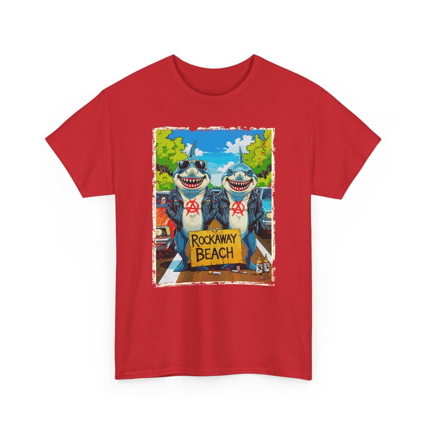 Red t-shirt with a graphic of two sharks holding a 'Rockaway Beach' sign on a white background