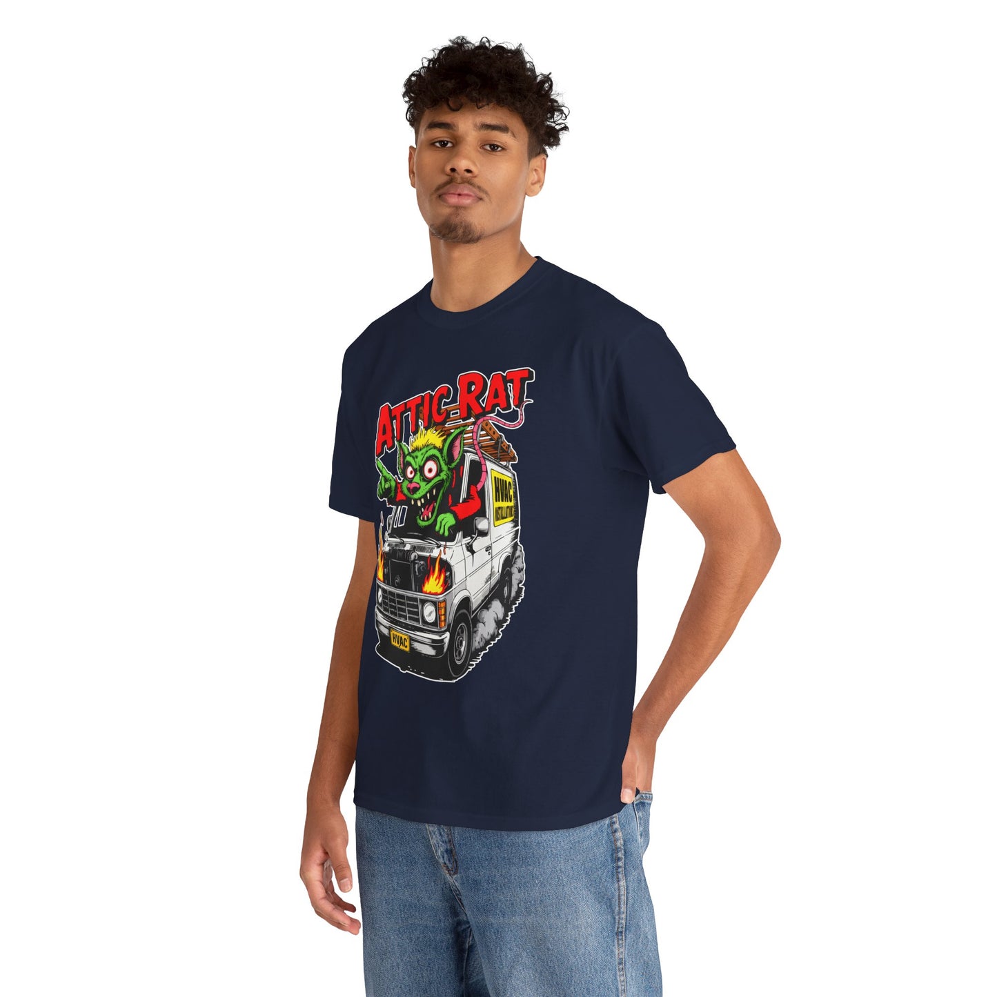 Man wearing a navy blue t-shirt with a graphic design on a white background
