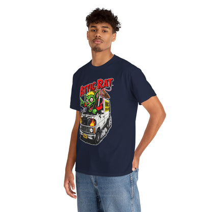 Man wearing a navy blue t-shirt with a graphic design on a white background
