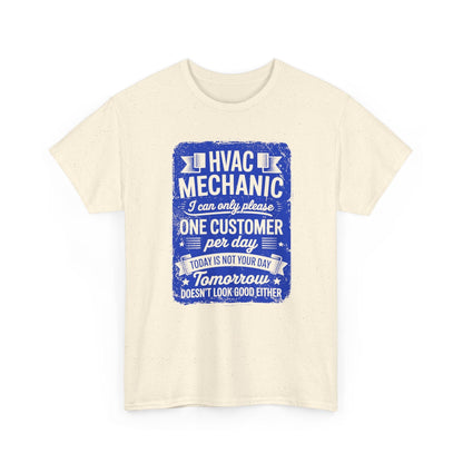 Beige t-shirt with blue HVAC Mechanic graphic and text on a white background