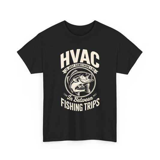 Black t-shirt with white HVAC  text and fish graphic on a white background