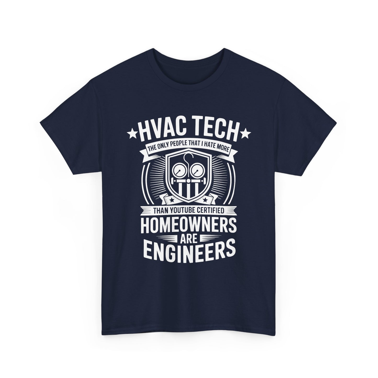Navy blue t-shirt with white HVAC Tech graphic and text on a white background