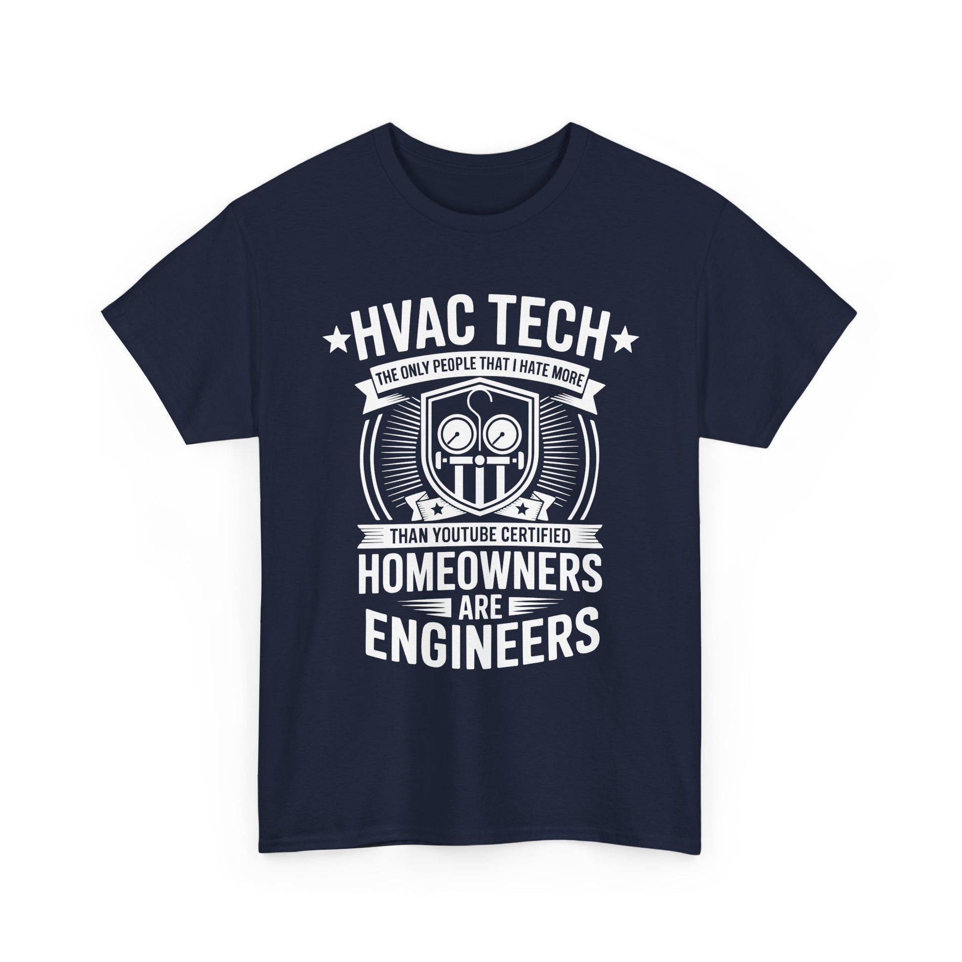Navy blue t-shirt with white HVAC Tech graphic and text on a white background