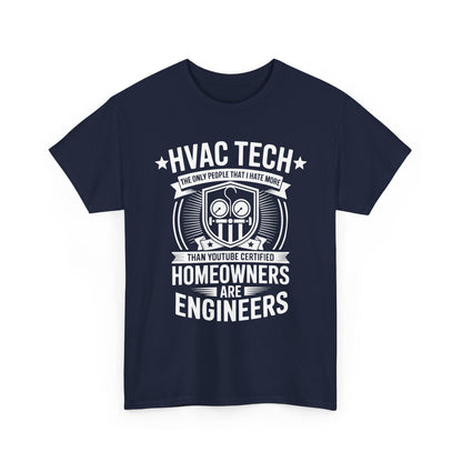 Navy blue t-shirt with white HVAC Tech graphic and text on a white background