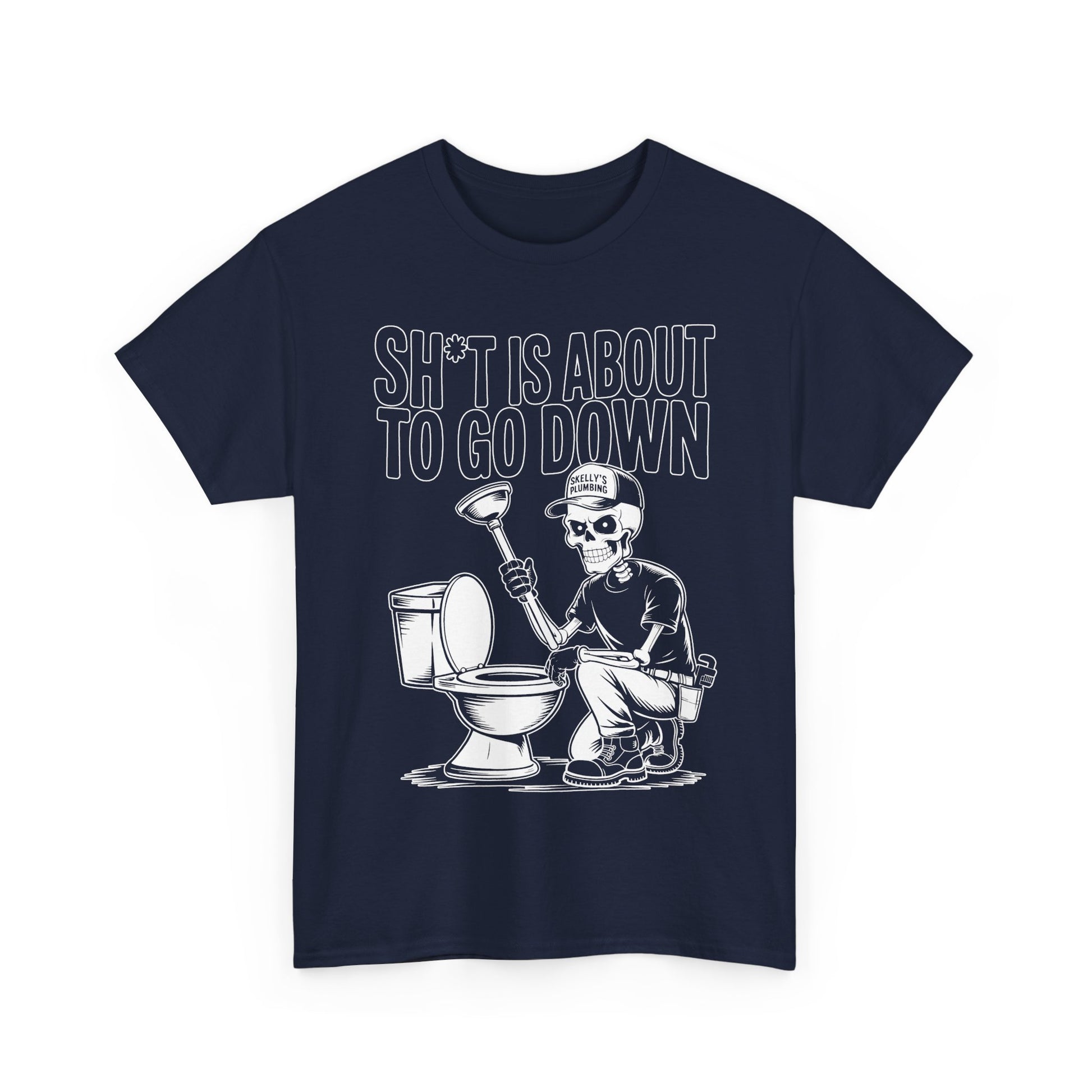 Navy blue t-shirt with a graphic of a skeleton cleaning a toilet and text 'Sh*t is about to go down' on a white background.