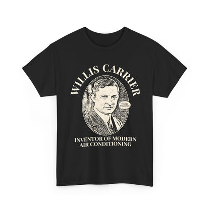 Black HVAC  t-shirt with a graphic of Willis Carrier and text on a white background